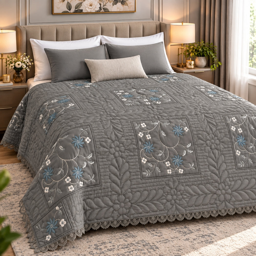 Grey Quilted Embroidered Bedspread
