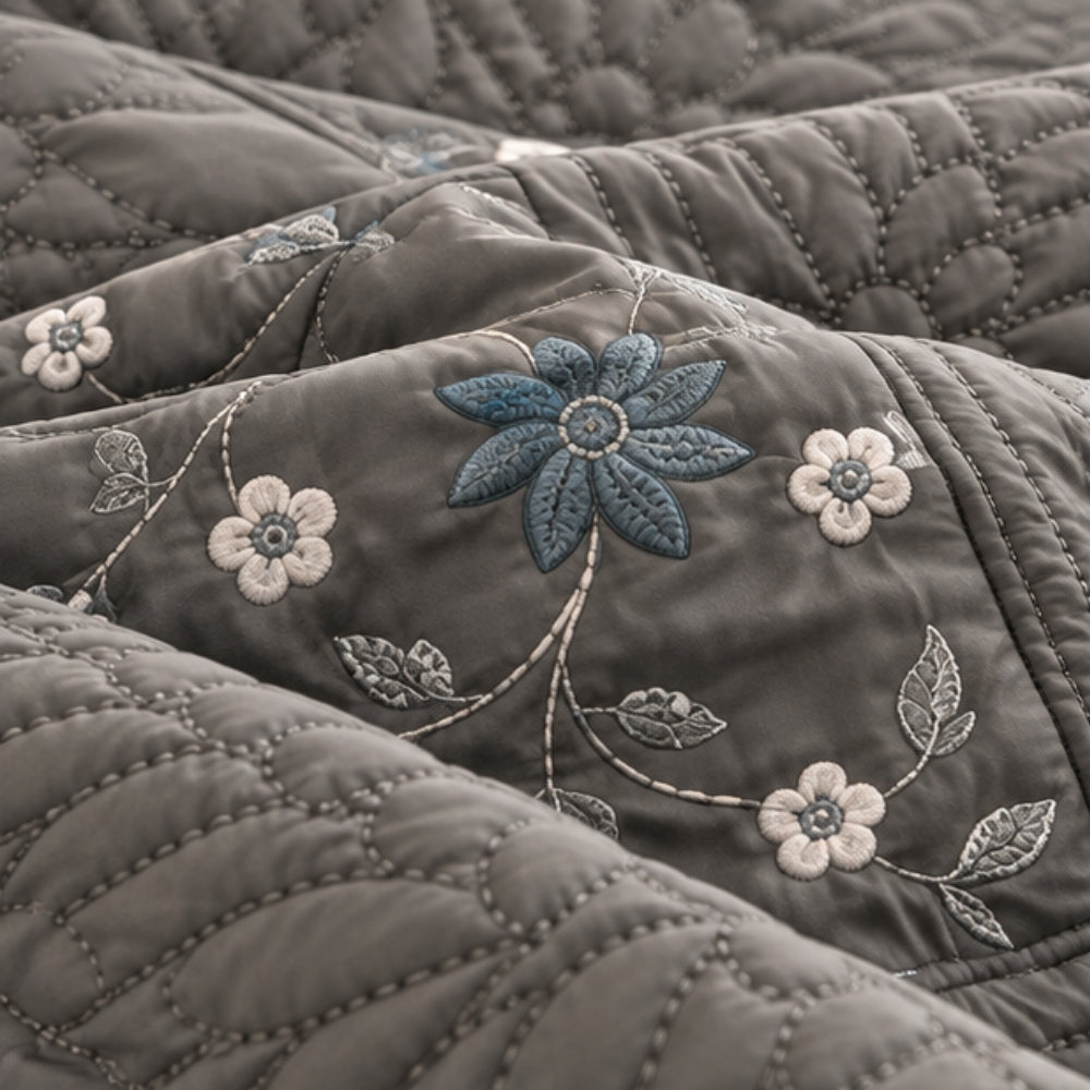 Grey Quilted Embroidered Bedspread