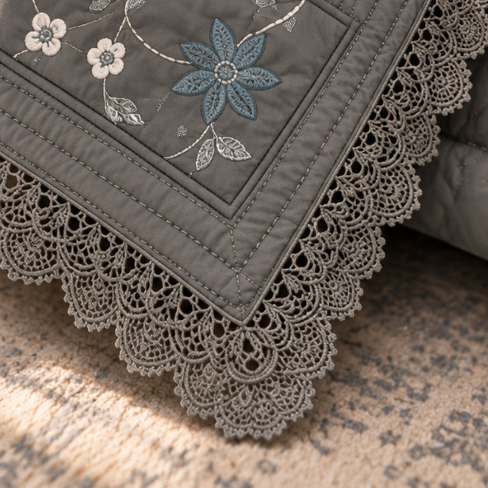 Grey Quilted Embroidered Bedspread