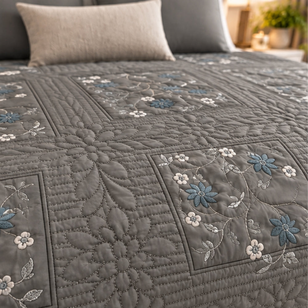Grey Quilted Embroidered Bedspread