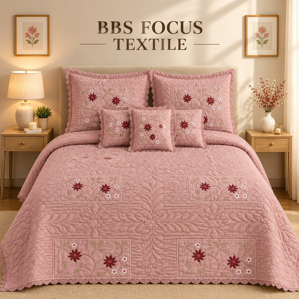Pink Quilted Embroidered Bedspread Set