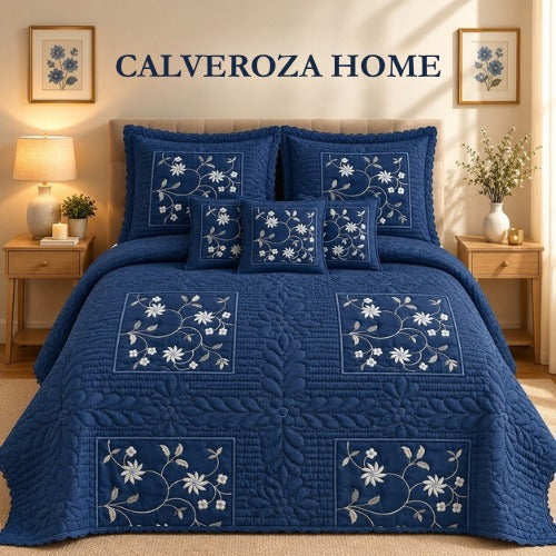 Navy Blue Floral Quilted Bedspread & Comforter Set