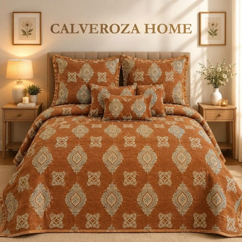 Calveroza Home Rust Orange Boho-Geometric Quilted Bedspread Set