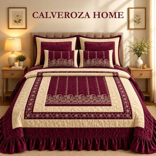 Luxury Maroon & Cream Velvet Jacquard Bridal Bedsheet Set