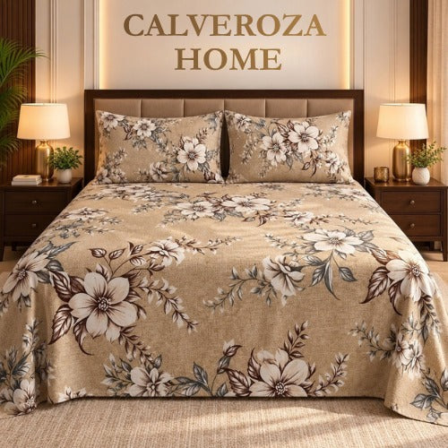 Calveroza Home Beige Floral Printed Bed Sheet Set