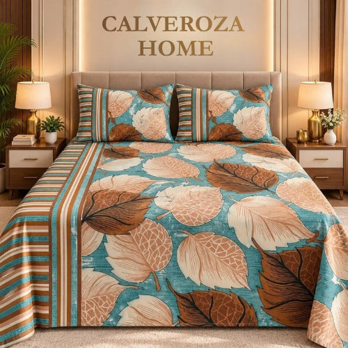 Teal & Brown Botanical Print Bedsheet Set