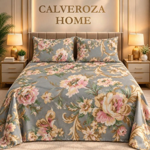 Calveroza Home Grey, Pink & Beige Floral Bedsheet Set