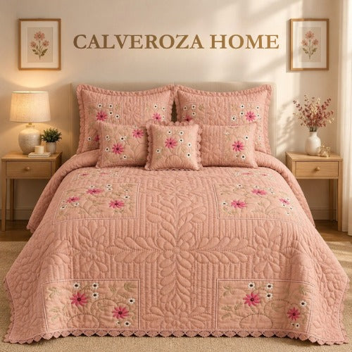 Peach-Pink Quilted Embroidered Bedspread Set